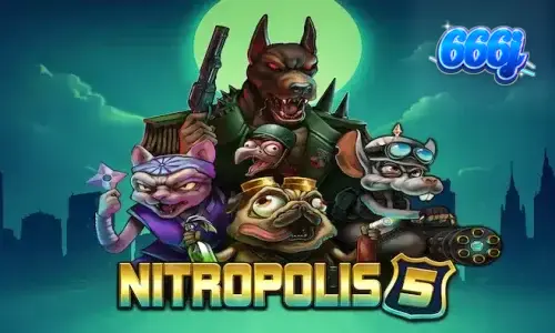 Tampilan visual penuh aksi dari slot Nitropolis 5 dengan latar belakang kota yang terbakar.