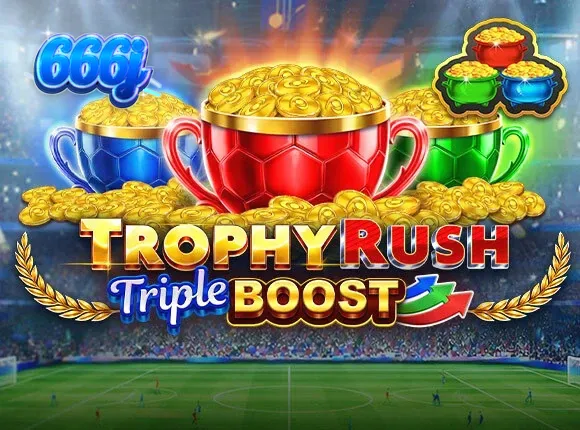 Visual dari layar permainan slot Trophy Rush Triple Boost dengan simbol koin emas.